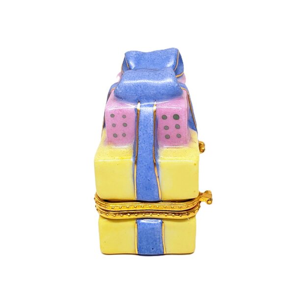 Trinket Gift Box Stack of Birthday Presents Ceramic Hinged Yellow Pink Gold 3" - Picture 2 of 7